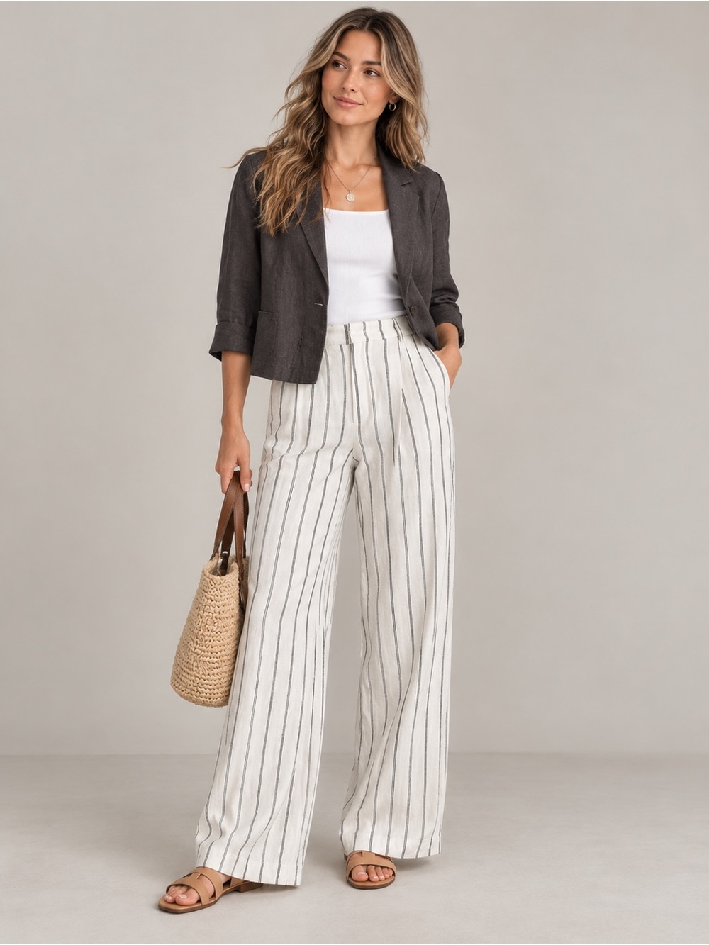 Old Navy Wide-Leg Linen Blend Stripe Pants-SZ Lg NWT